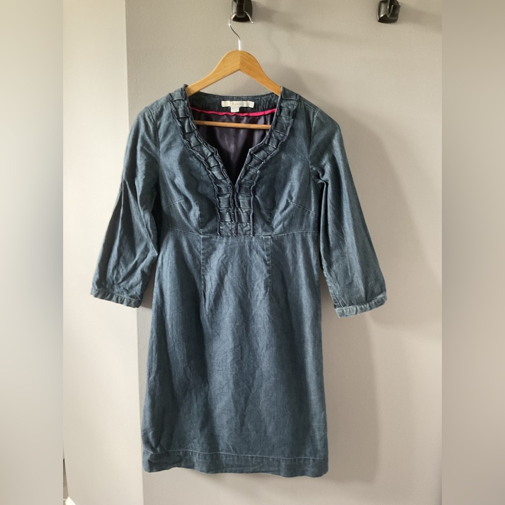 Boden Denim Dress with Ruffled Neckline